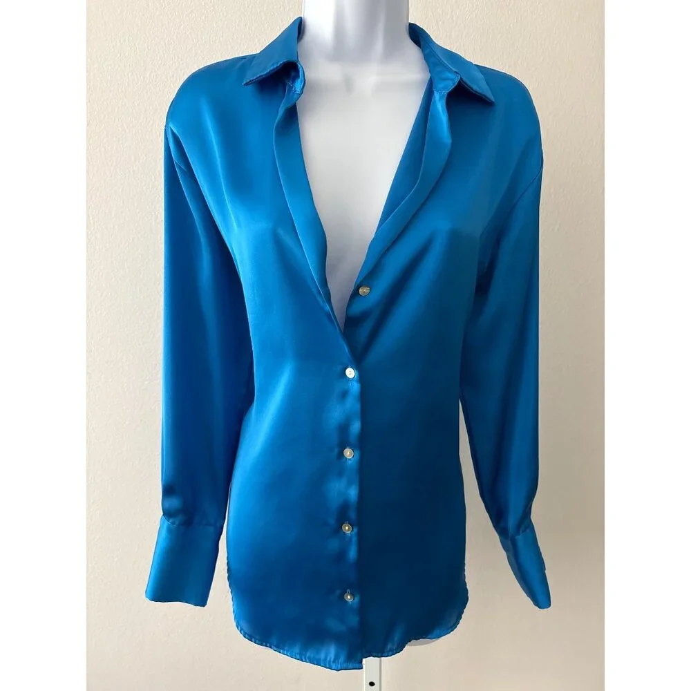 Zara Button Down Blouse Size XSmall Cobalt Blue Satin Corporate Core Polished - Picture 2 of 16